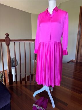 Women's Hot Pink Pleated Long-Sleeve Shirt Dress
